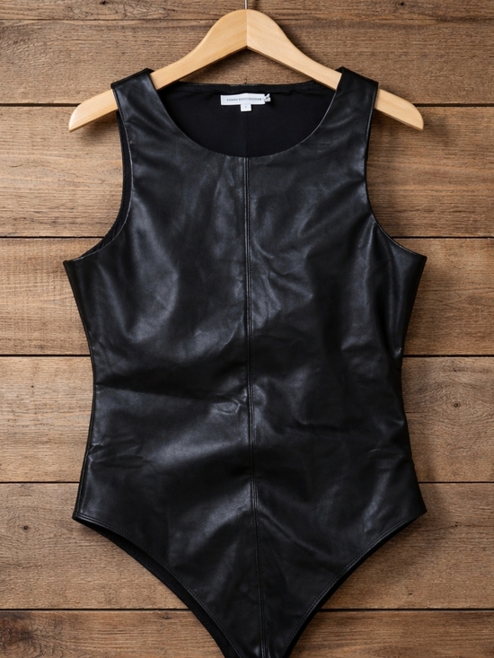 Good American Tops - Good American Black Faux Leather Sleeveless Bodysuit